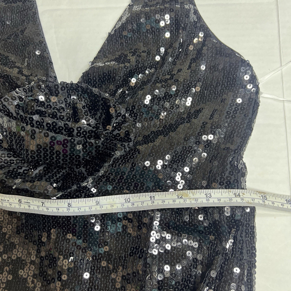 Lulus Women’s Pretty Sensational Black Sequin Rosette Halter Maxi Dress Slit L - Picture 11 of 16